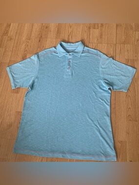 Tommy Bahama Polo Shirt Mens L Blue Short Sleeve Pink Stitching Golf Casual Slit